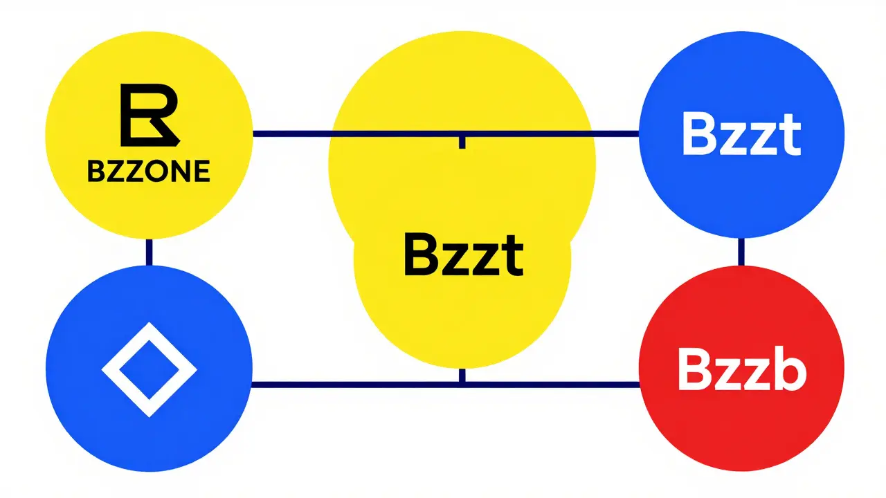 Composition graphique Bauhaus montrant l'interconnexion de trois jetons cryptographiques.