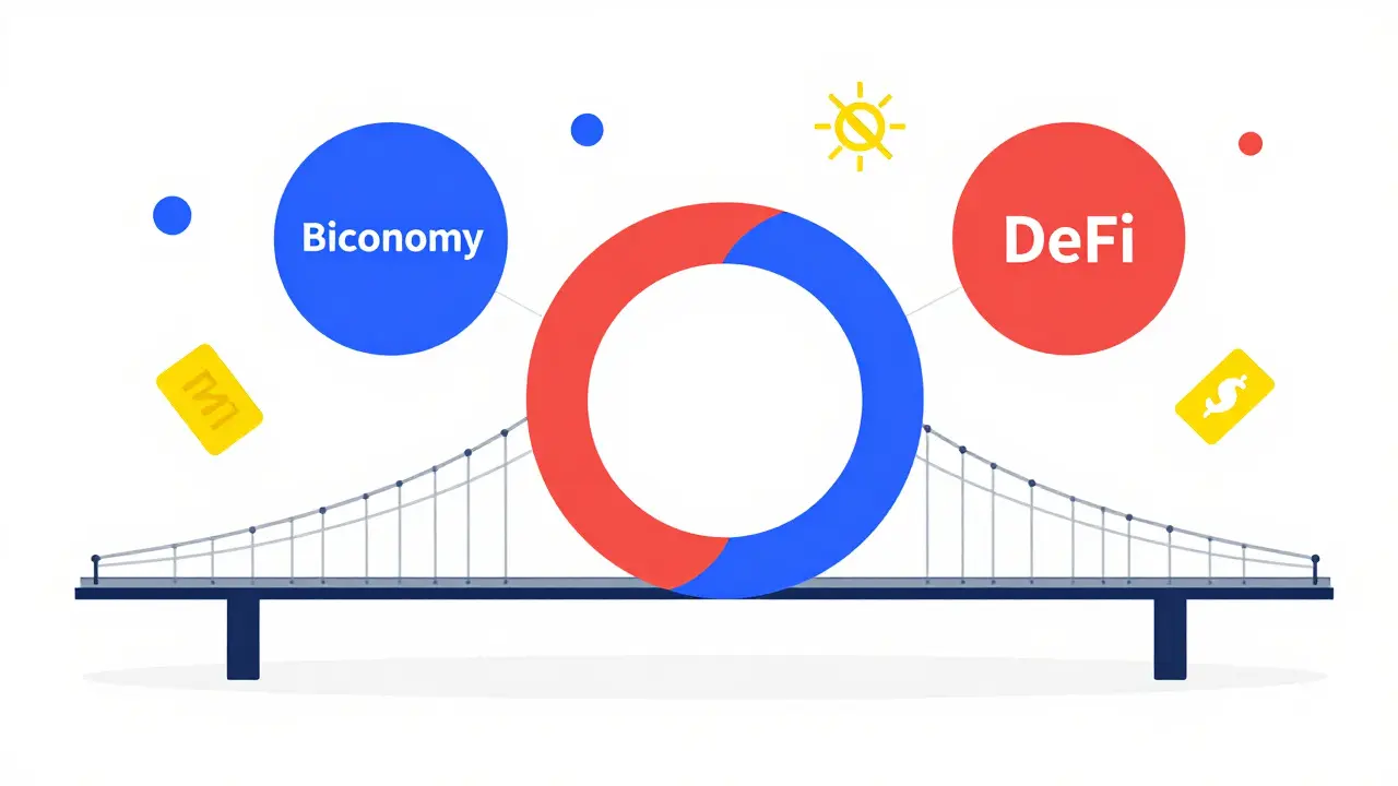 Graphisme Bauhaus représentant la connexion entre un échange centralisé et la finance décentralisée.