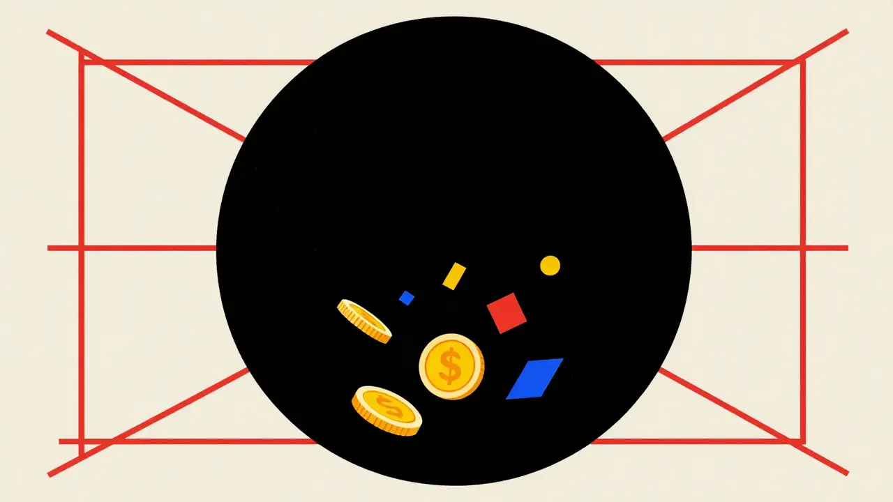 Illustration Bauhaus d'un trou noir financier absorbant des formes géométriques colorées.