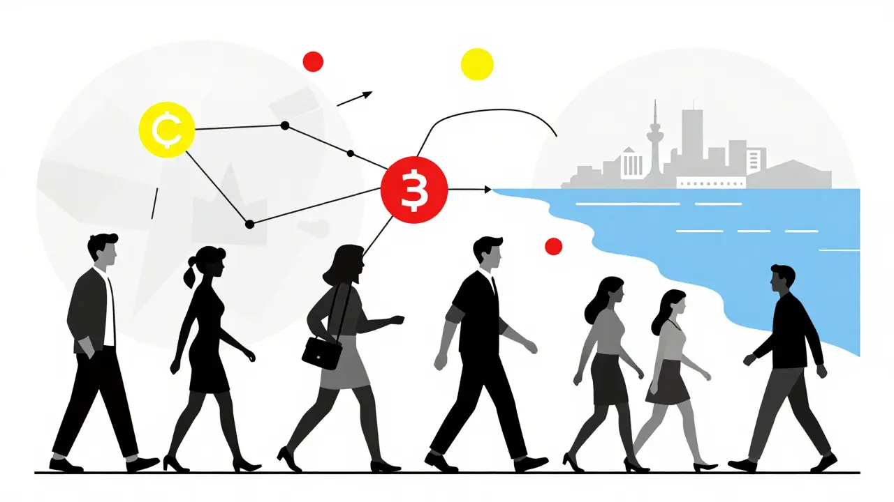 Illustration Bauhaus montrant le flux de traders crypto s'installant au Portugal.
