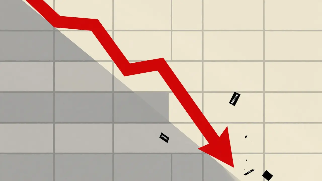 Illustration Bauhaus montrant une courbe rouge descendante symbolisant la chute du jeton TGR.