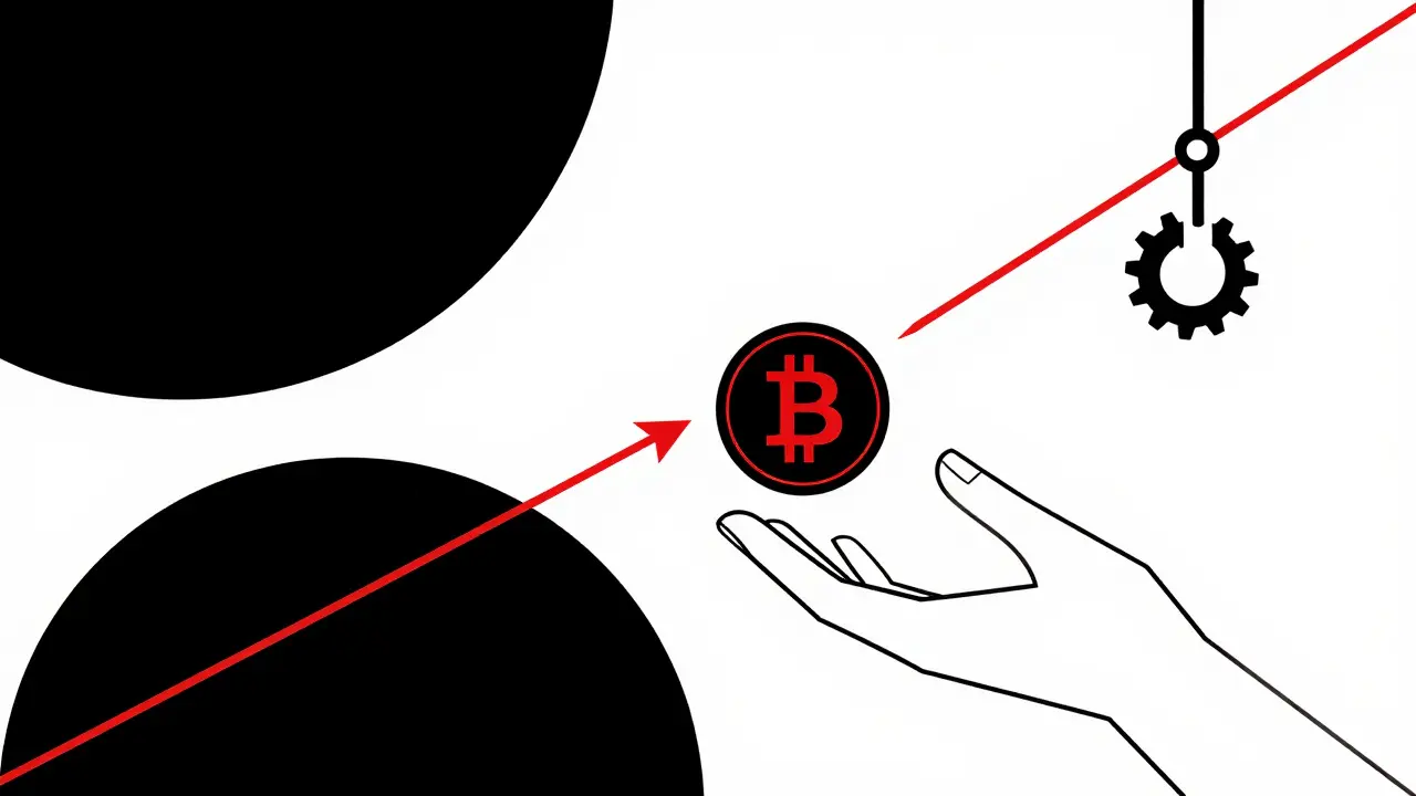 Illustration conceptuelle Bauhaus d'un piège numérique avec un jeton crypto.