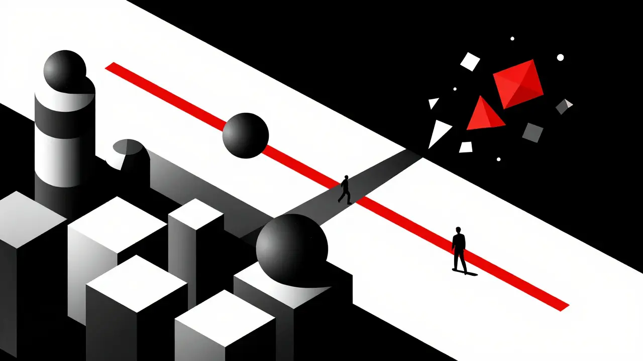 Paysage abstrait style Bauhaus représentant un métavers numérique avec des NFT.