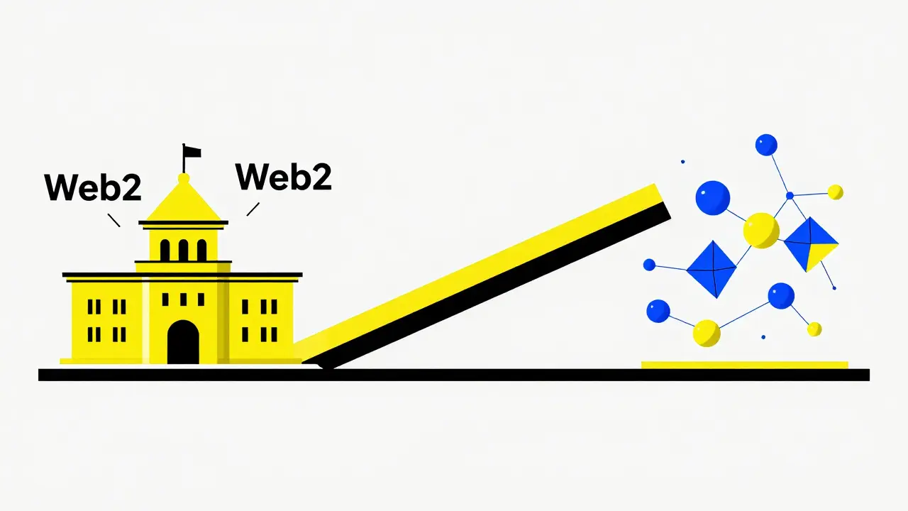 Pont géométrique style Bauhaus reliant le Web2 au Web3.
