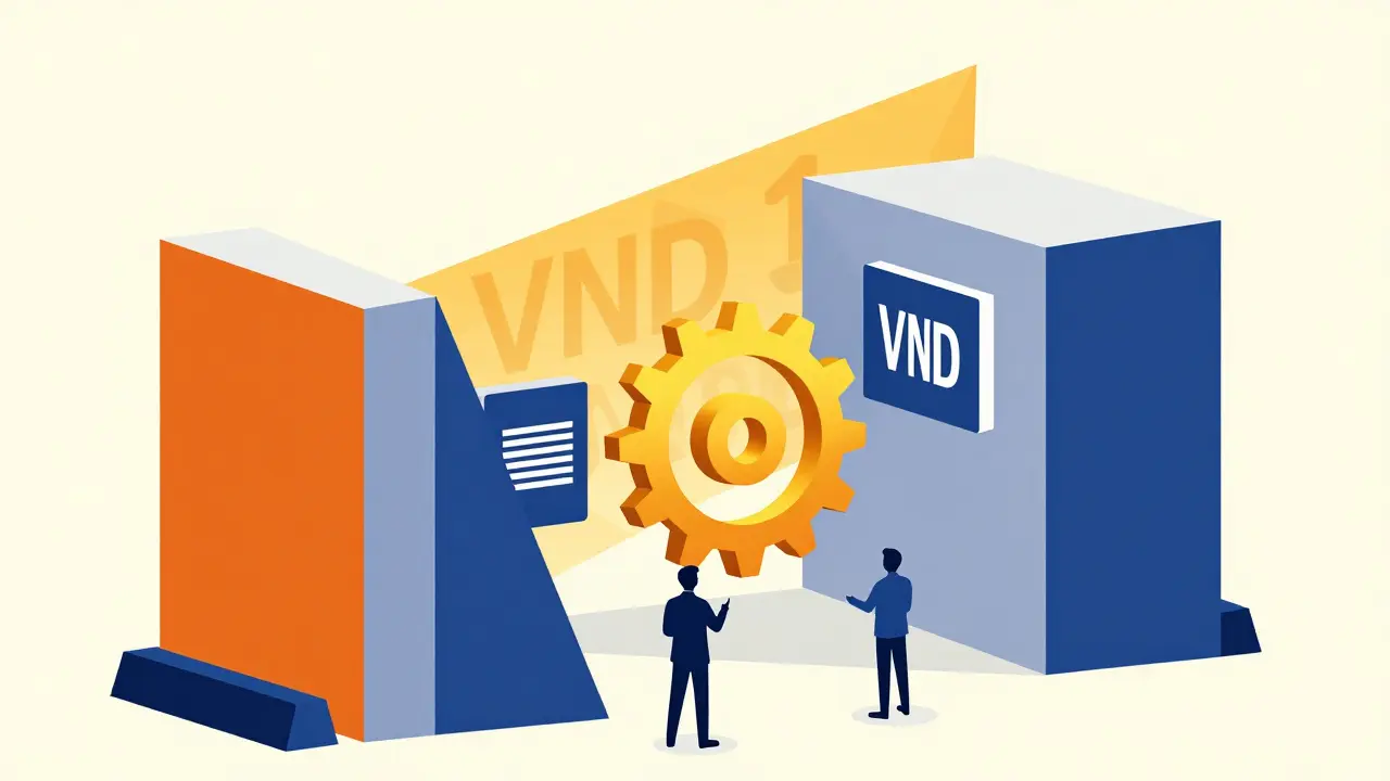 Représentation Bauhaus d'une institution financière avec le Dong vietnamien au centre.