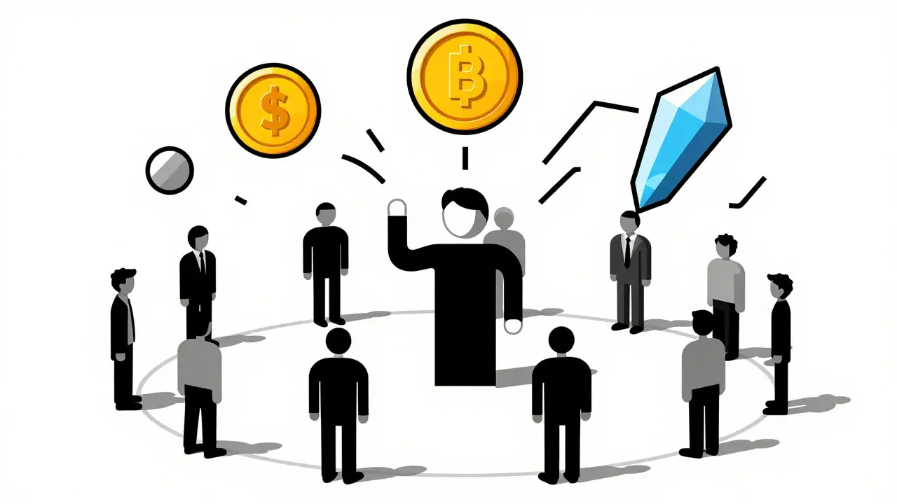 Représentation Bauhaus des flux de revenus d'un créateur avec jetons et NFT.