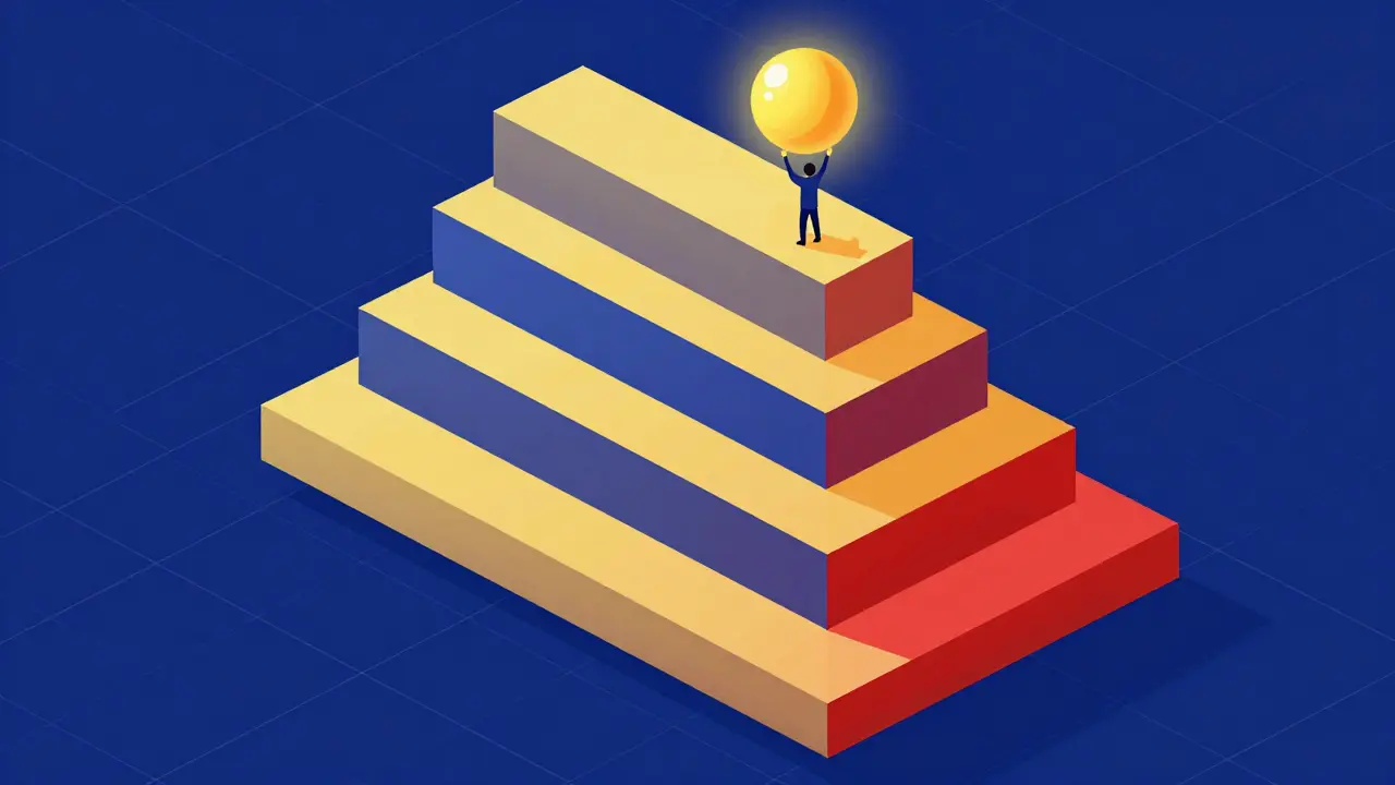 Représentation Bauhaus des paliers de staking menant au lancement d'un jeu blockchain.