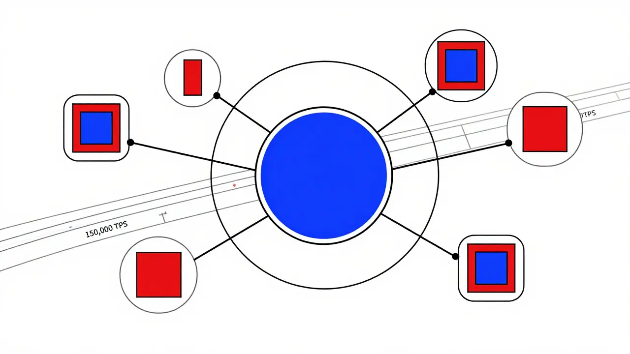 Schéma abstrait style Bauhaus montrant une Masterchain et des Shardchains.