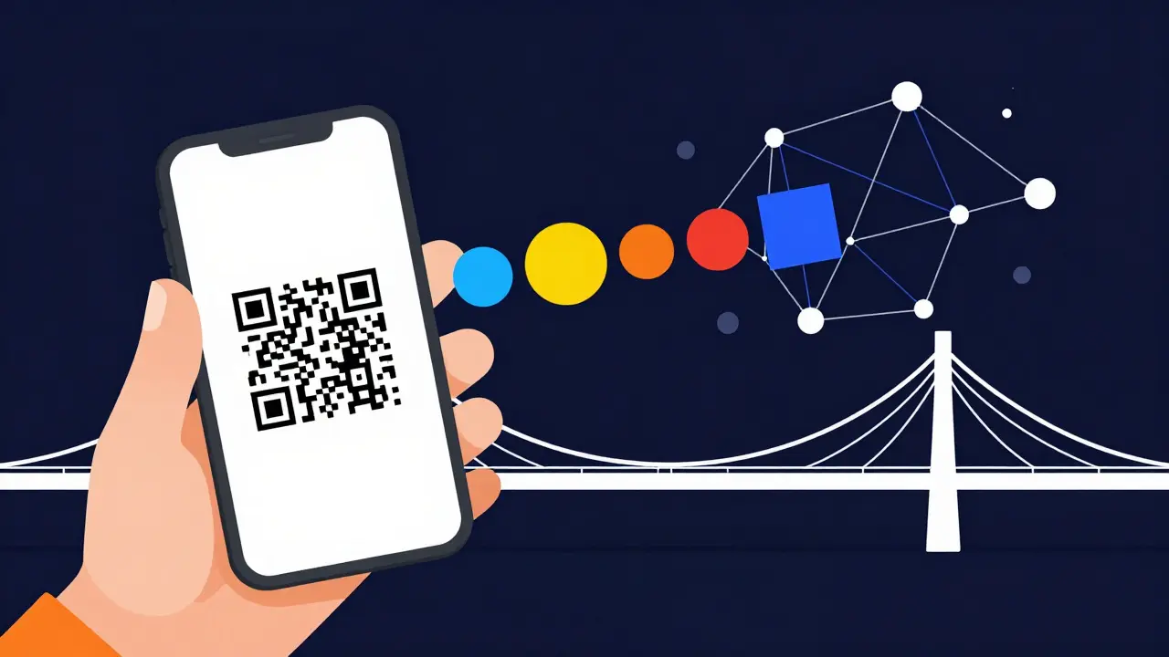 Schéma géométrique Bauhaus illustrant le passage des paiements UPI vers la DeFi.