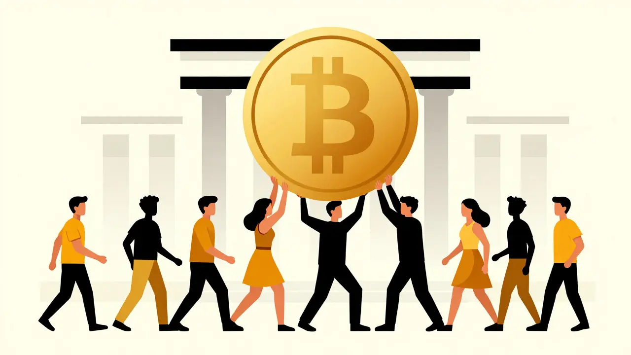 Silhouette Bauhaus de citoyens indiens élevant un Bitcoin vers un édifice d'État.