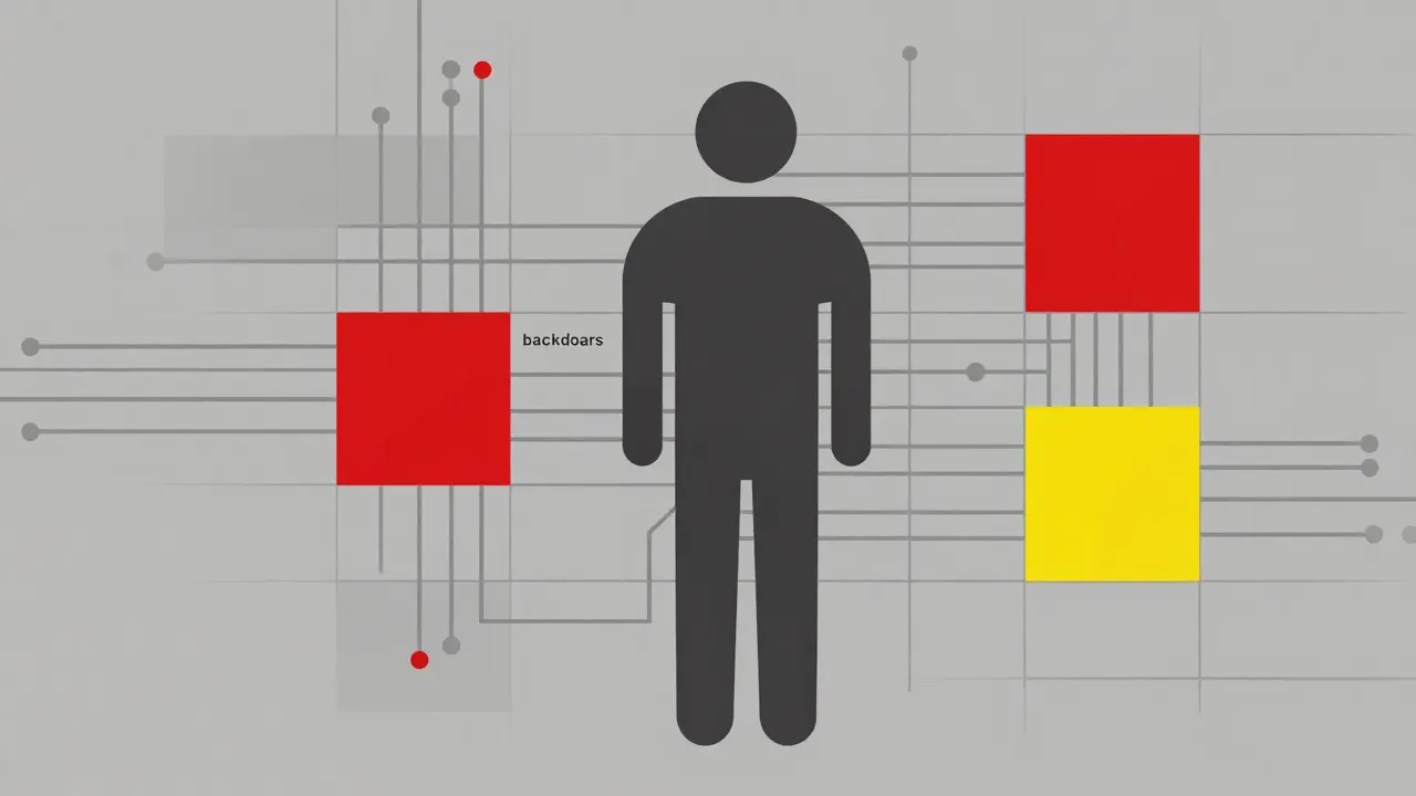 Silhouette minimaliste style Bauhaus symbolisant un agent infiltré dans un réseau informatique géométrique.