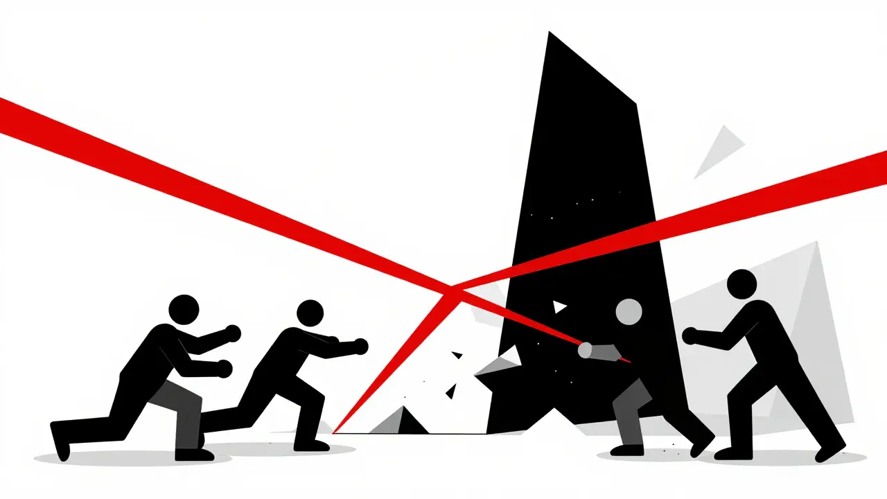 Art Bauhaus abstrait montrant les risques de slashing et la centralisation avec des lignes rouges tranchantes.