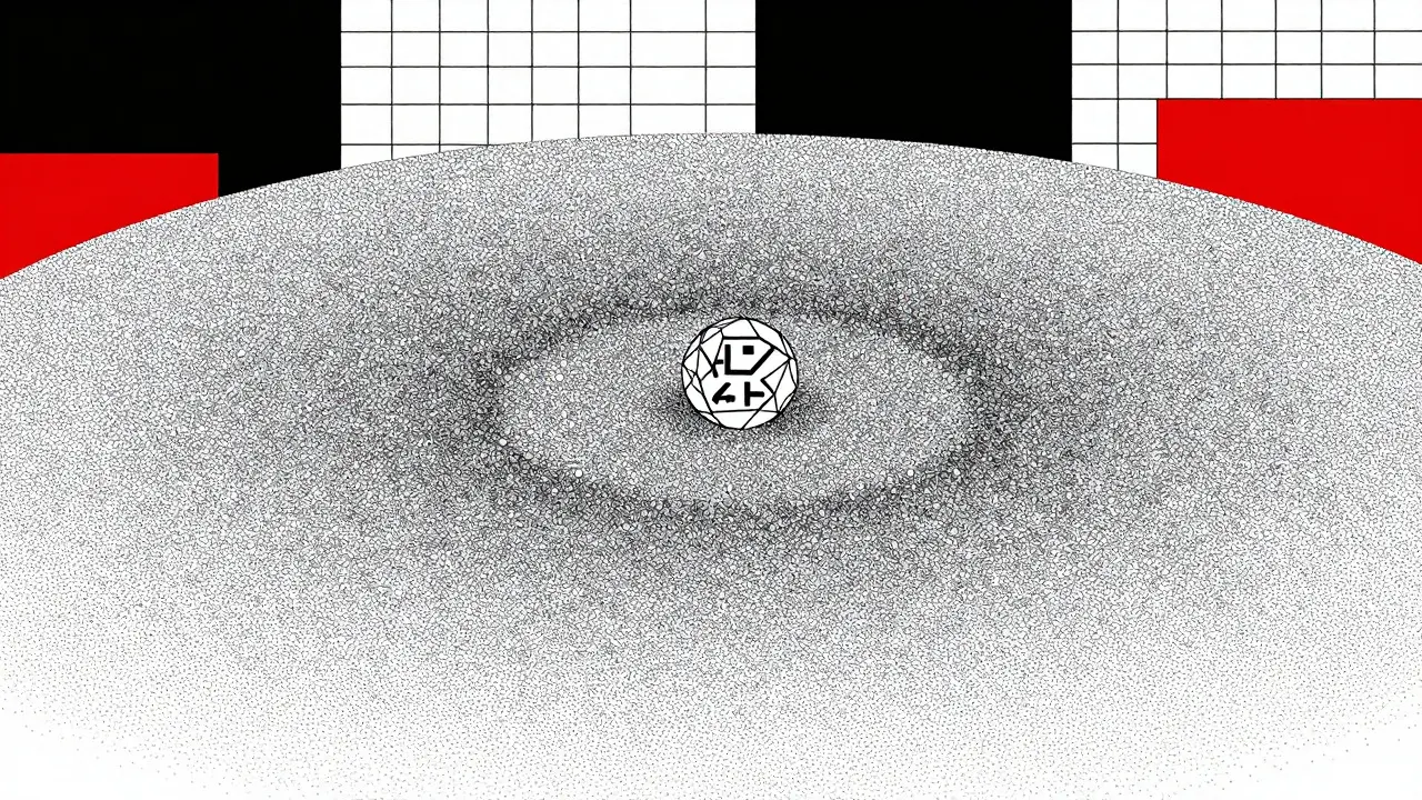 Design géométrique montrant la dilution de valeur par une offre massive de jetons.
