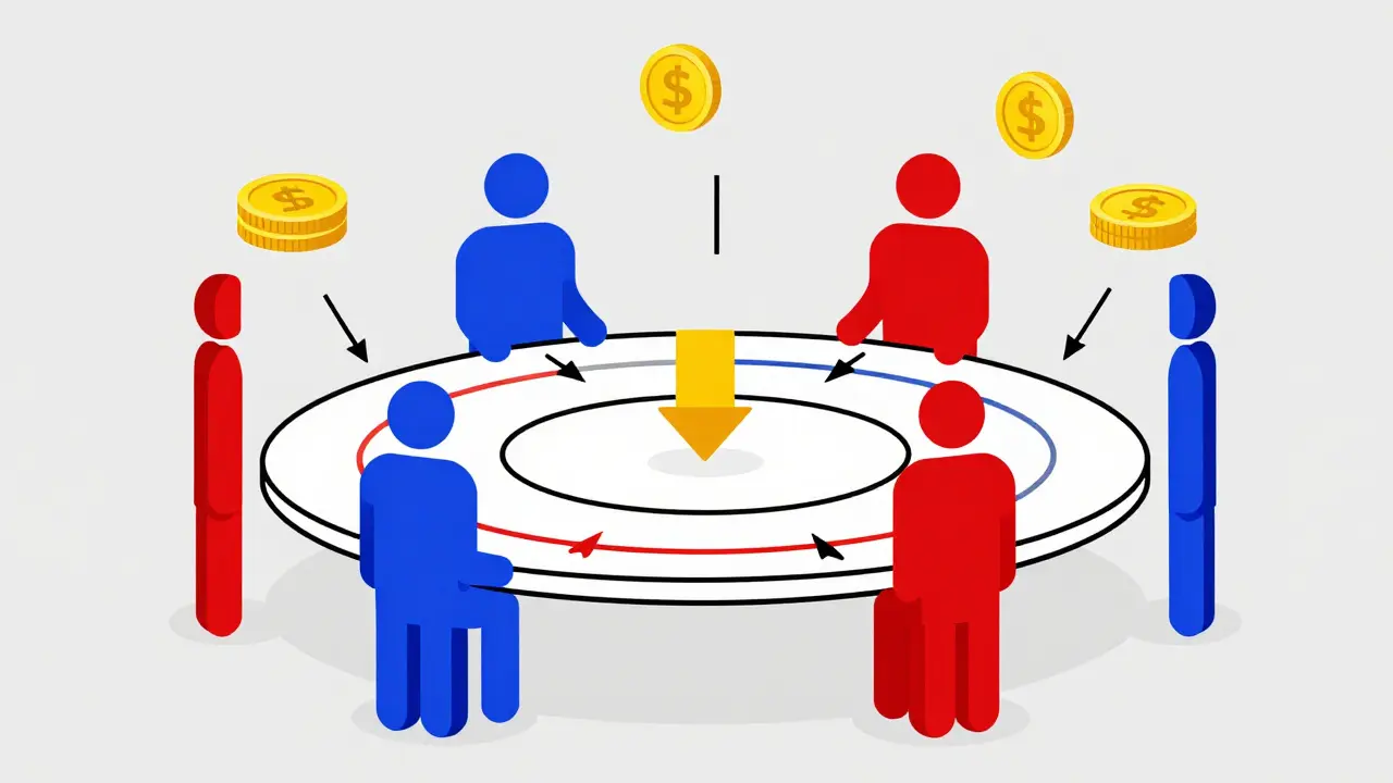 Figures géométriques abstraites interagissant pour symboliser l'utilité et la gouvernance DeFi.
