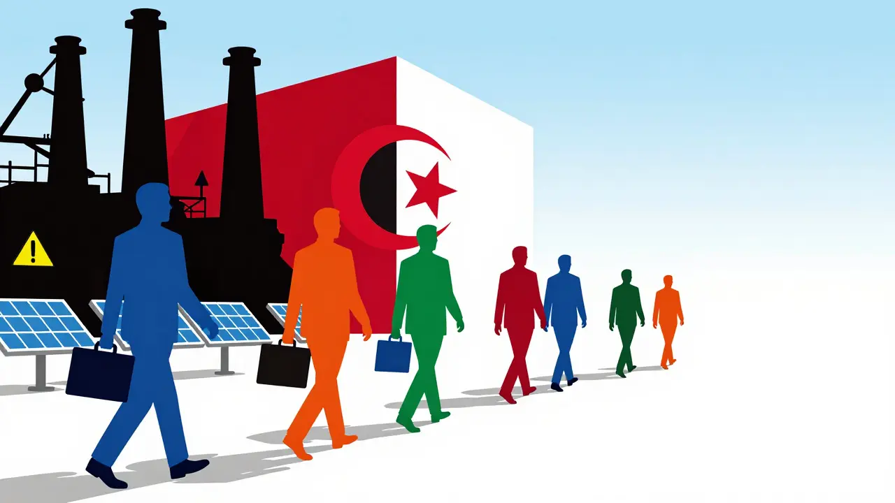 Figures stylisées quittant le pays vers de nouvelles opportunités technologiques.