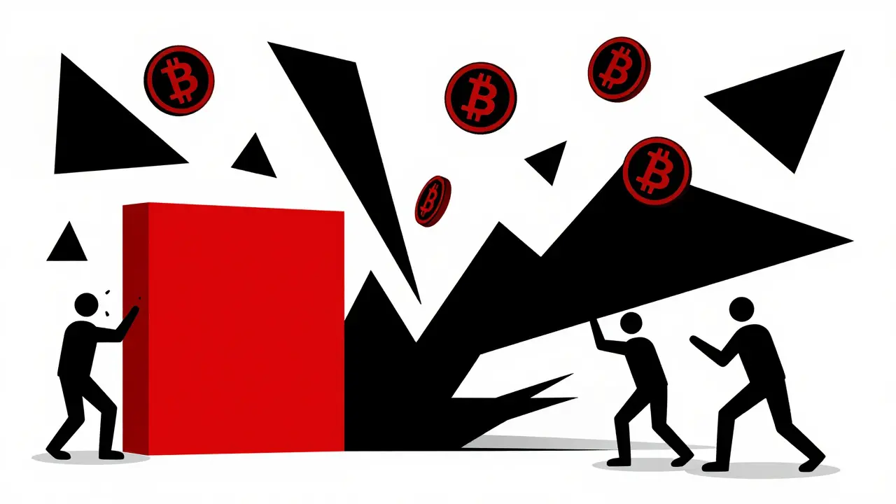 Formes rouges et noires bloquant la sortie de crypto-monnaies abstraites