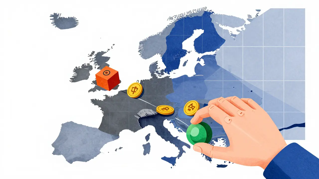 Illustration Bauhaus des stablecoins retirés d'Europe sous MiCA