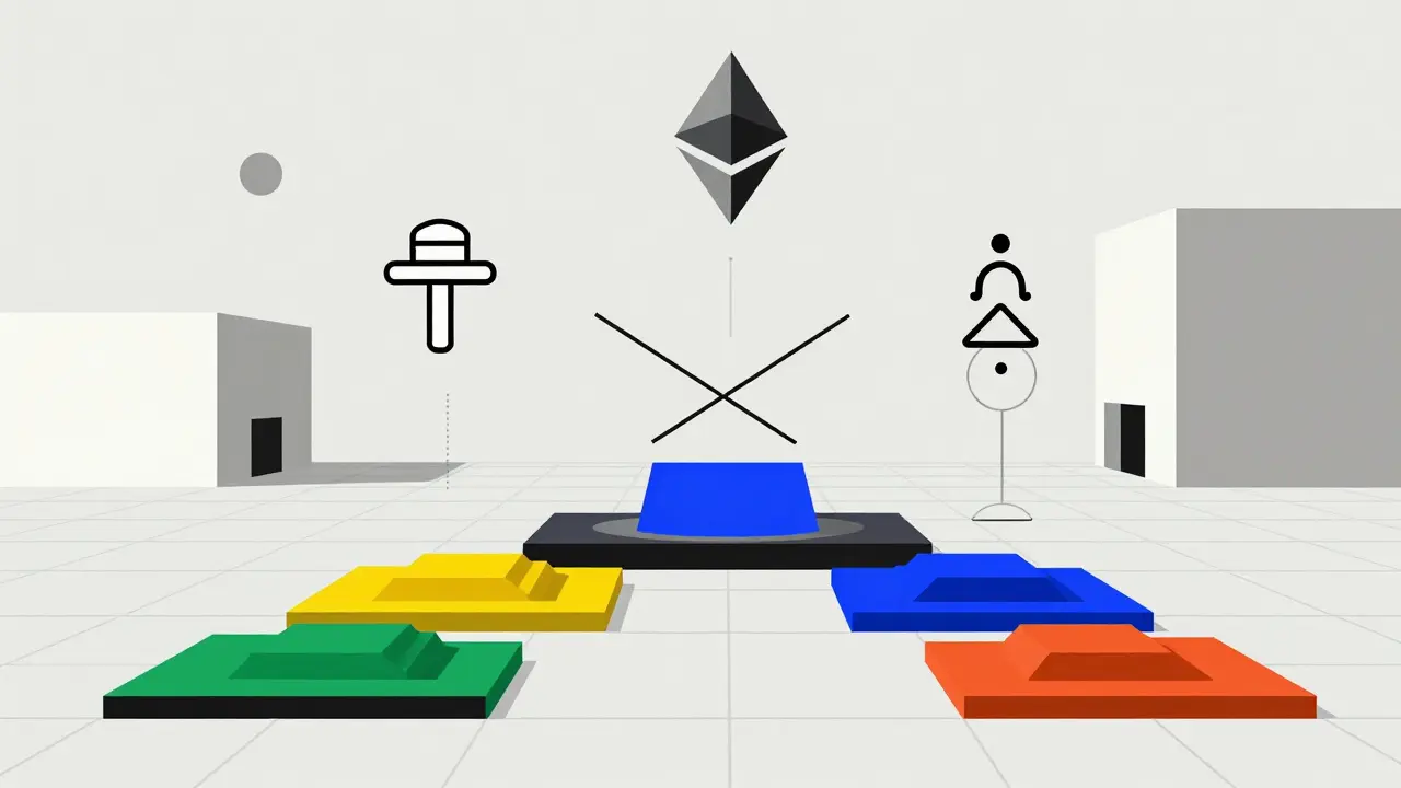 Illustration Bauhaus montrant des blocs colorés représentant l'économie numérique et le staking du token REALIS.