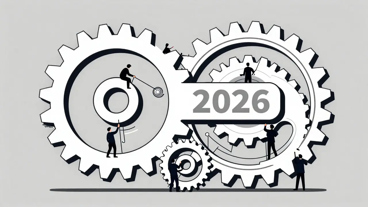 Mécanisme d'engrenages stylisé montrant le processus de lancement technique