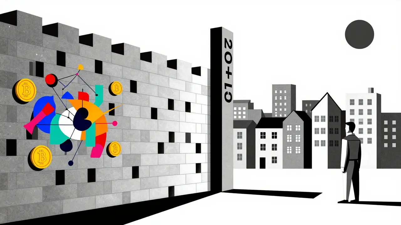 Mural géométrique symbolisant l'interdiction des cryptos et la protection du réseau.