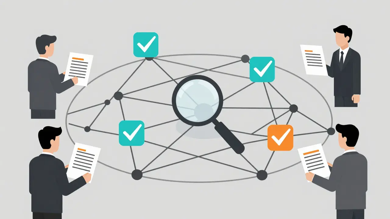 Réseau blockchain stylisé avec analyse de conformité en style Bauhaus
