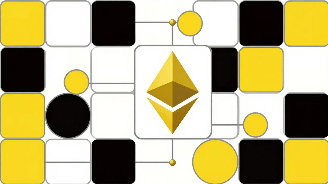 Schéma géométrique Bauhaus représentant la sécurité et la structure de la blockchain Ethereum.