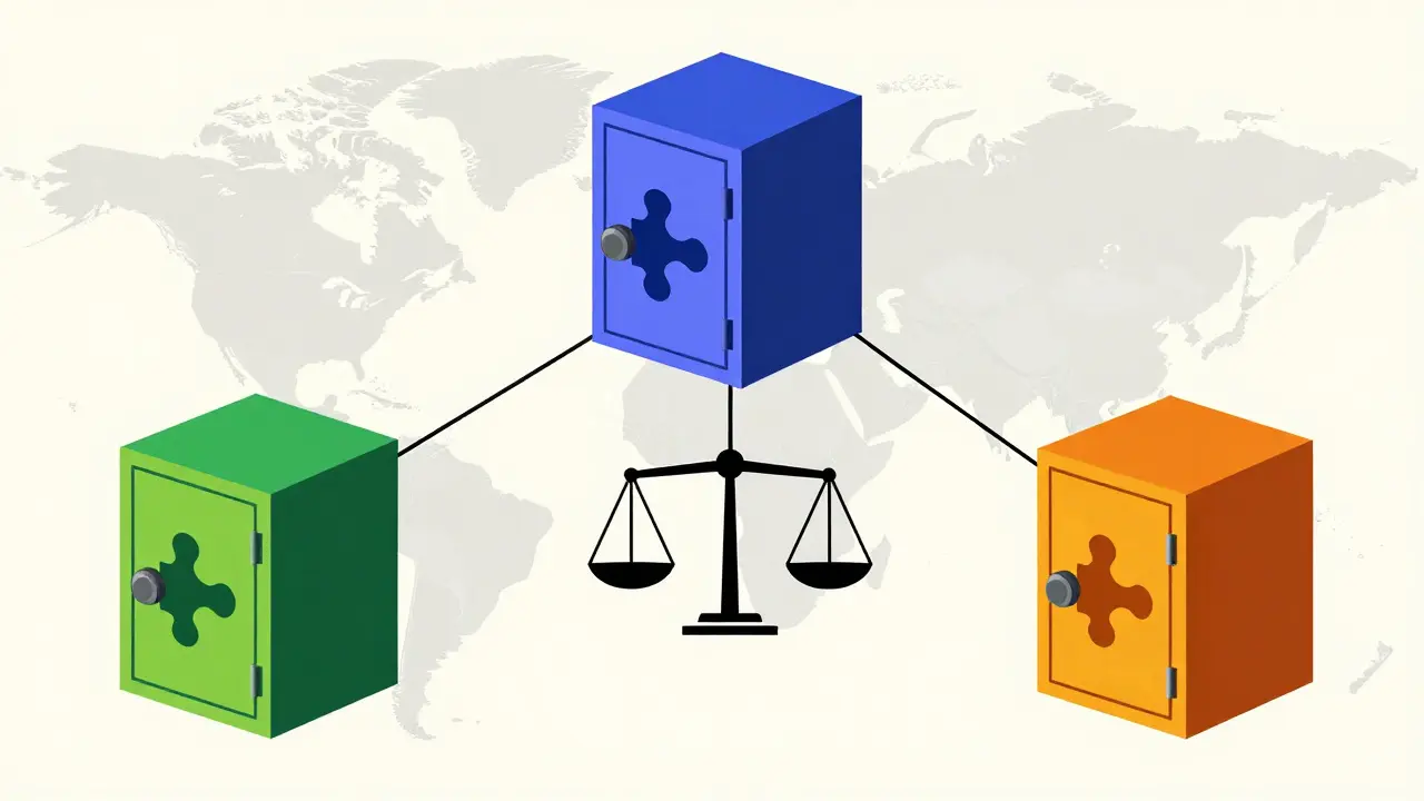 Stratégie de sécurité avec trois coffres géographiques connectés pour protéger les fonds.