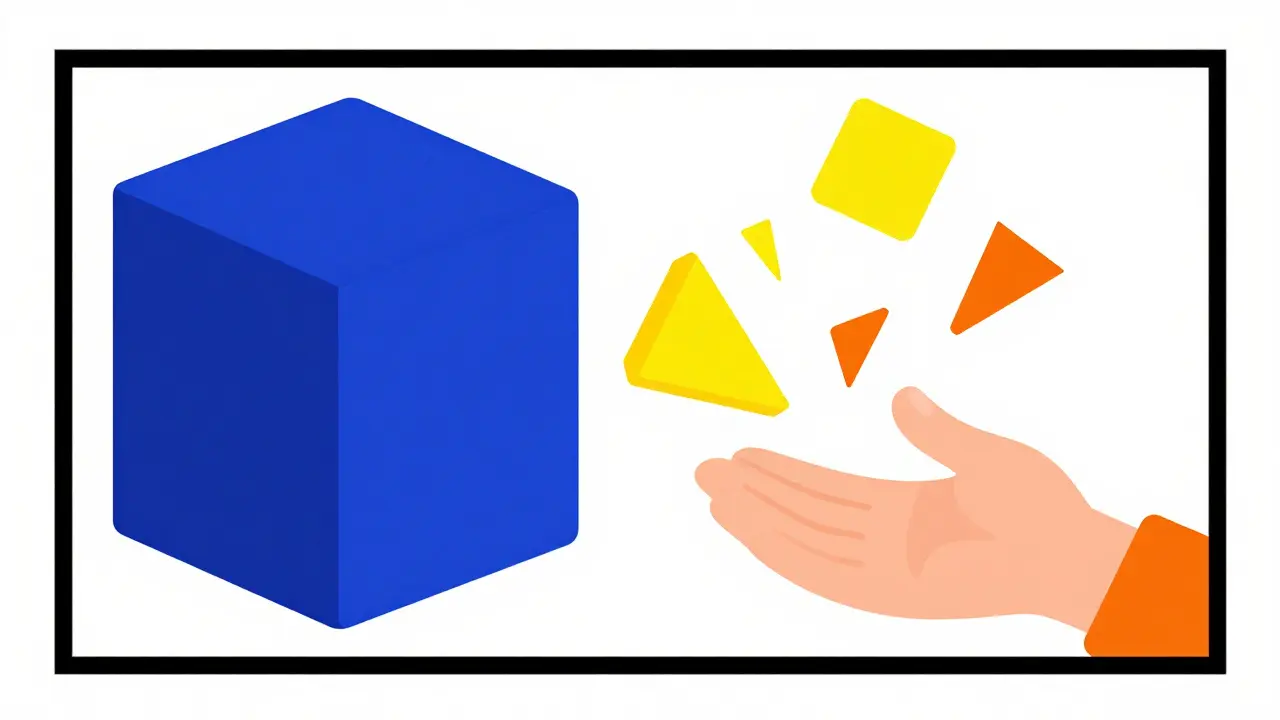 Style Bauhaus : bloc solide pour les revenus de base et formes flottantes pour les points spéculatifs.