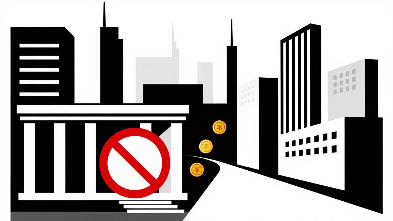Ville abstraite avec signe d'interdiction bloquant les cryptos