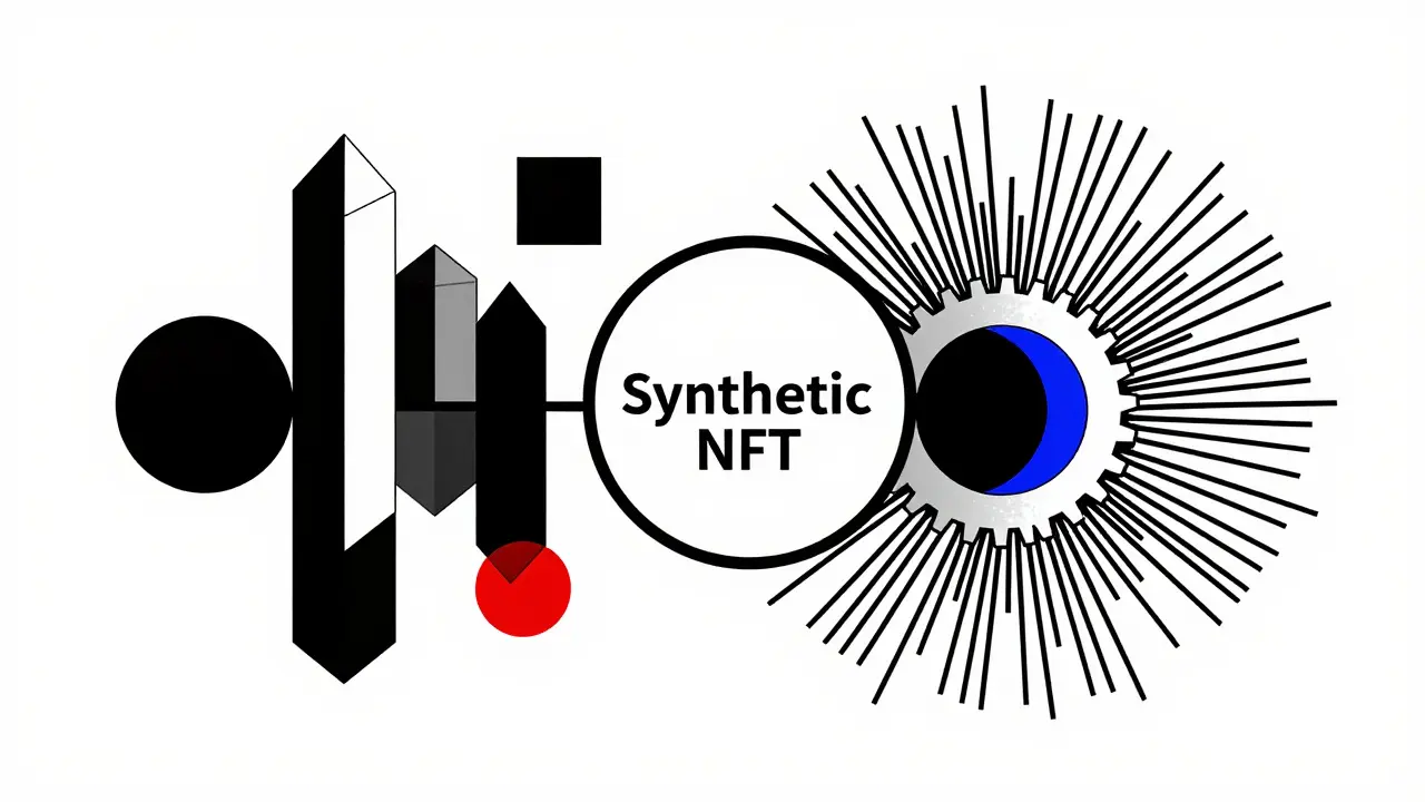 Abstraction géométrique montrant la fusion des actifs synthétiques et du minage dans le style Bauhaus