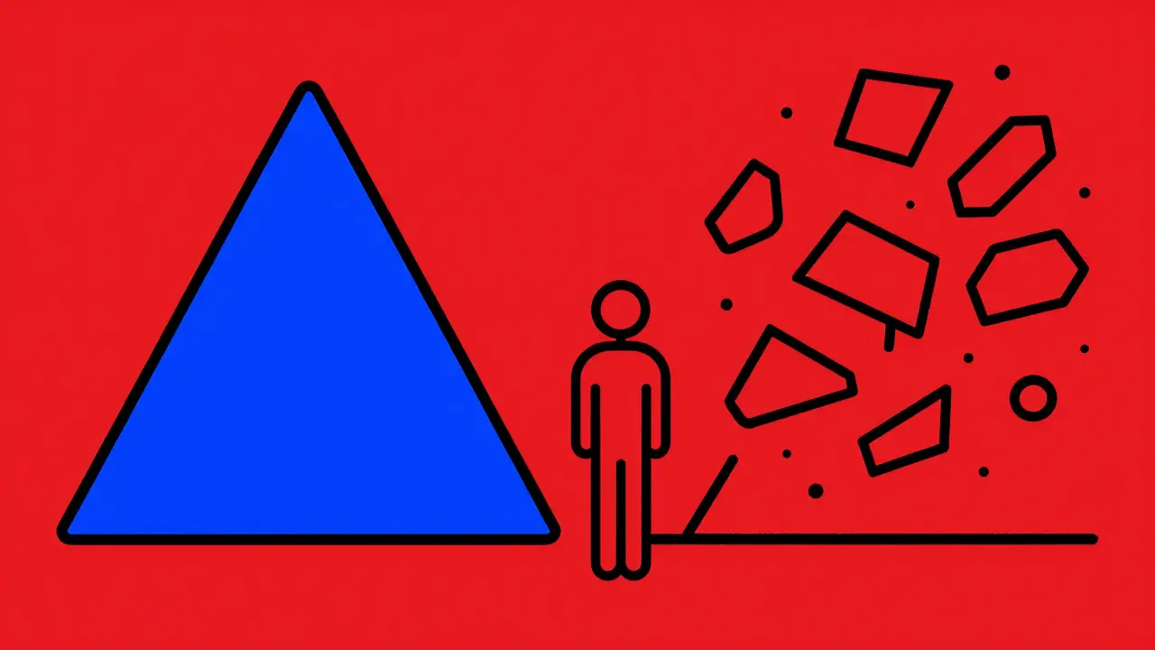 Art Bauhaus : choix entre formes stables bleues et formes chaotiques rouges pour les cryptos.
