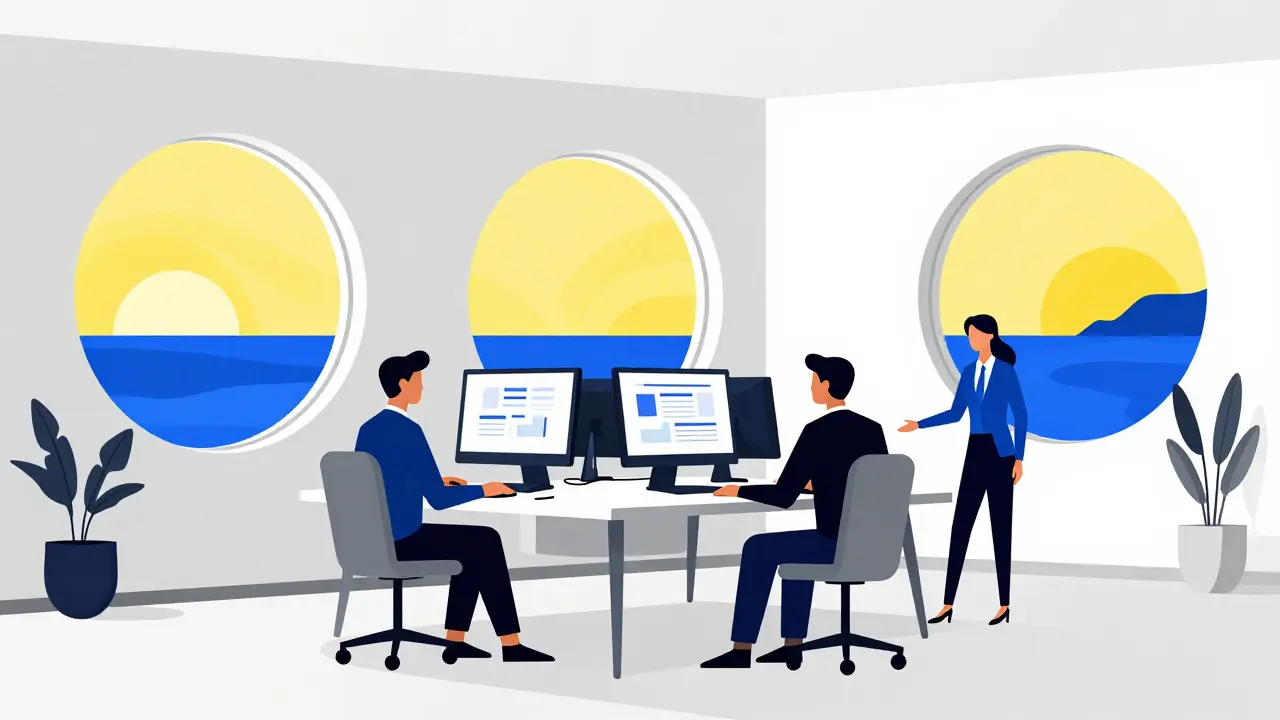 Bureau moderne minimaliste avec collaborateurs dans un style Bauhaus