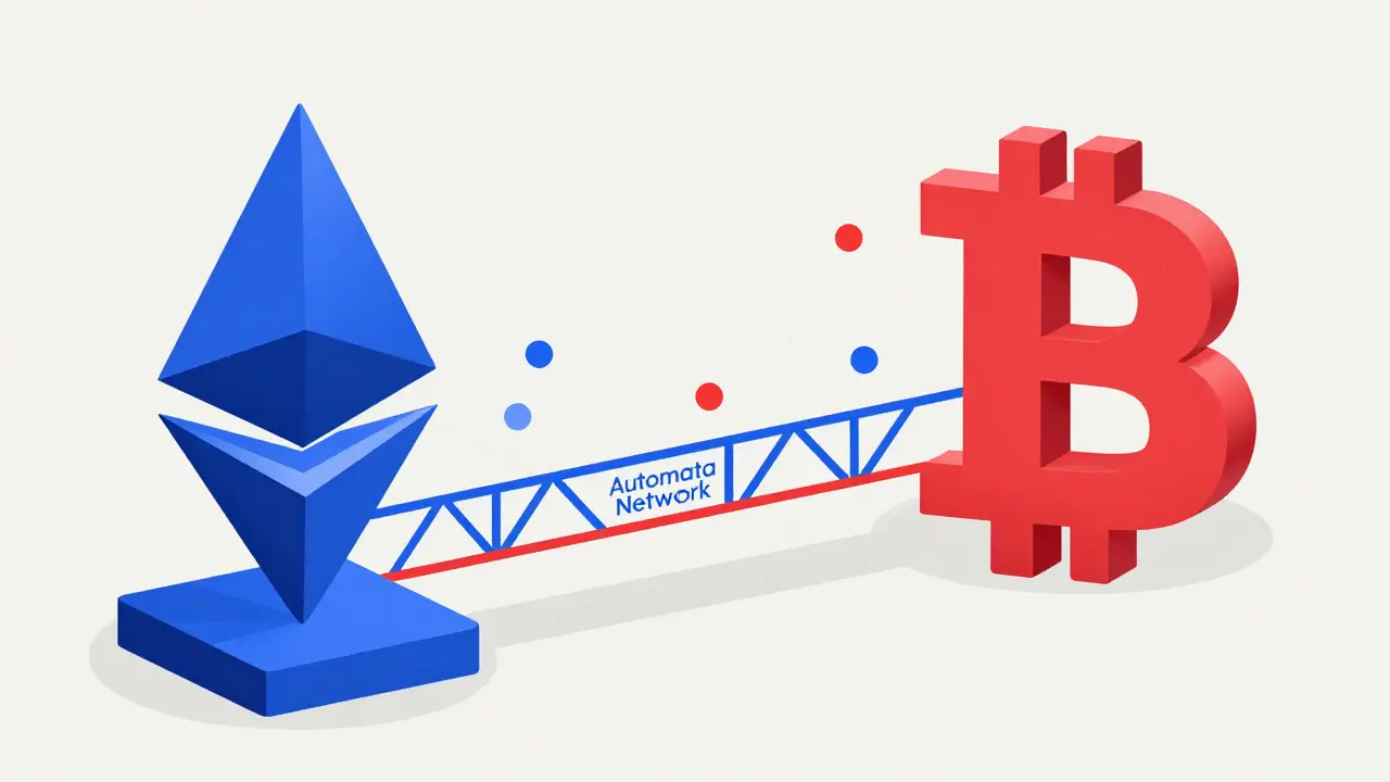 Pont géométrique Bauhaus reliant deux blocs abstraits, symbolisant l'interopérabilité cross-chain d'Automata.