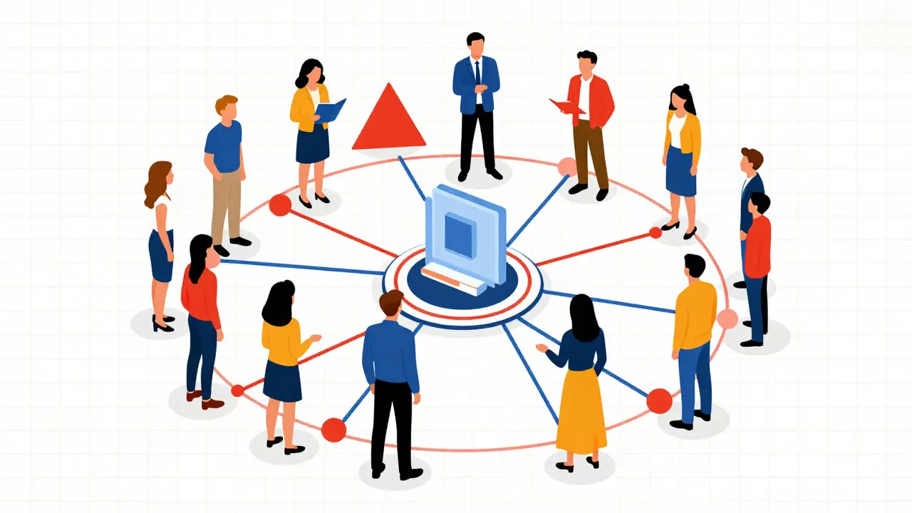 Réseau communautaire connecté illustré en style Bauhaus, symbolisant l'engagement actif et la propriété partagée.