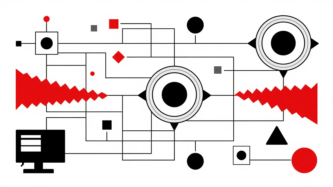 Art abstrait Bauhaus : surveillance des données et blocage du réseau par des formes géométriques rouges