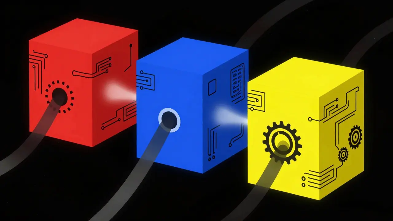 Blocs de couleurs connectés par des tubes symbolisant l'interopérabilité blockchain