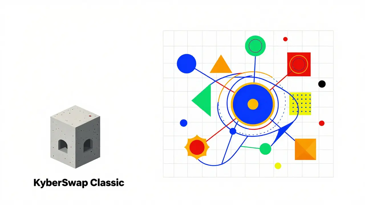 Comparaison stylistique Bauhaus entre la plateforme isolée KyberSwap et les réseaux DeFi modernes connectés