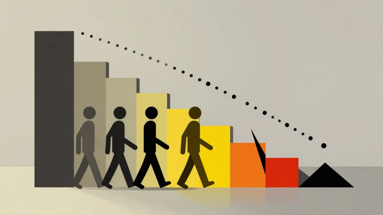 Figures géométriques quittant une structure en ruine, symbolisant la perte de confiance dans le projet.