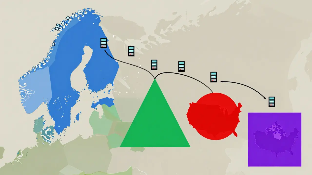 Illustration Bauhaus : icônes de serveurs migrant de Suède vers d'autres pays géométriques.