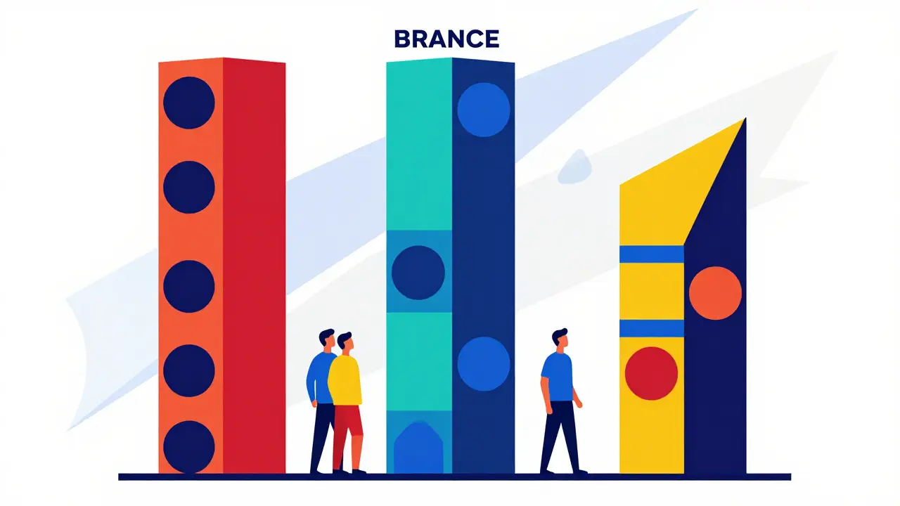 Illustration Bauhaus : piliers géométriques colorés comparant les plateformes crypto globales régionales et internationales.