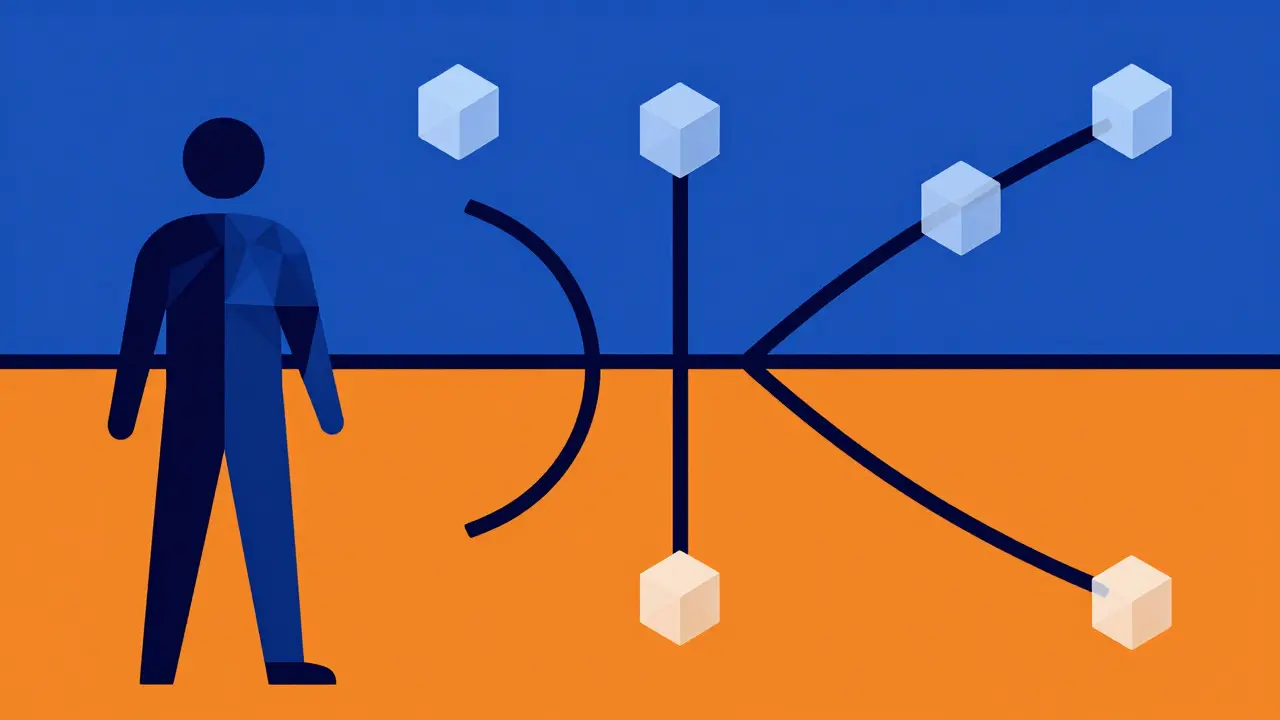 Silhouette abstraite connectée à des nœuds blockchain via des arcs stylisés