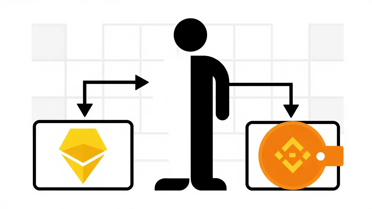 Style Bauhaus : formes abstraites représentant l'achat décentralisé de tokens