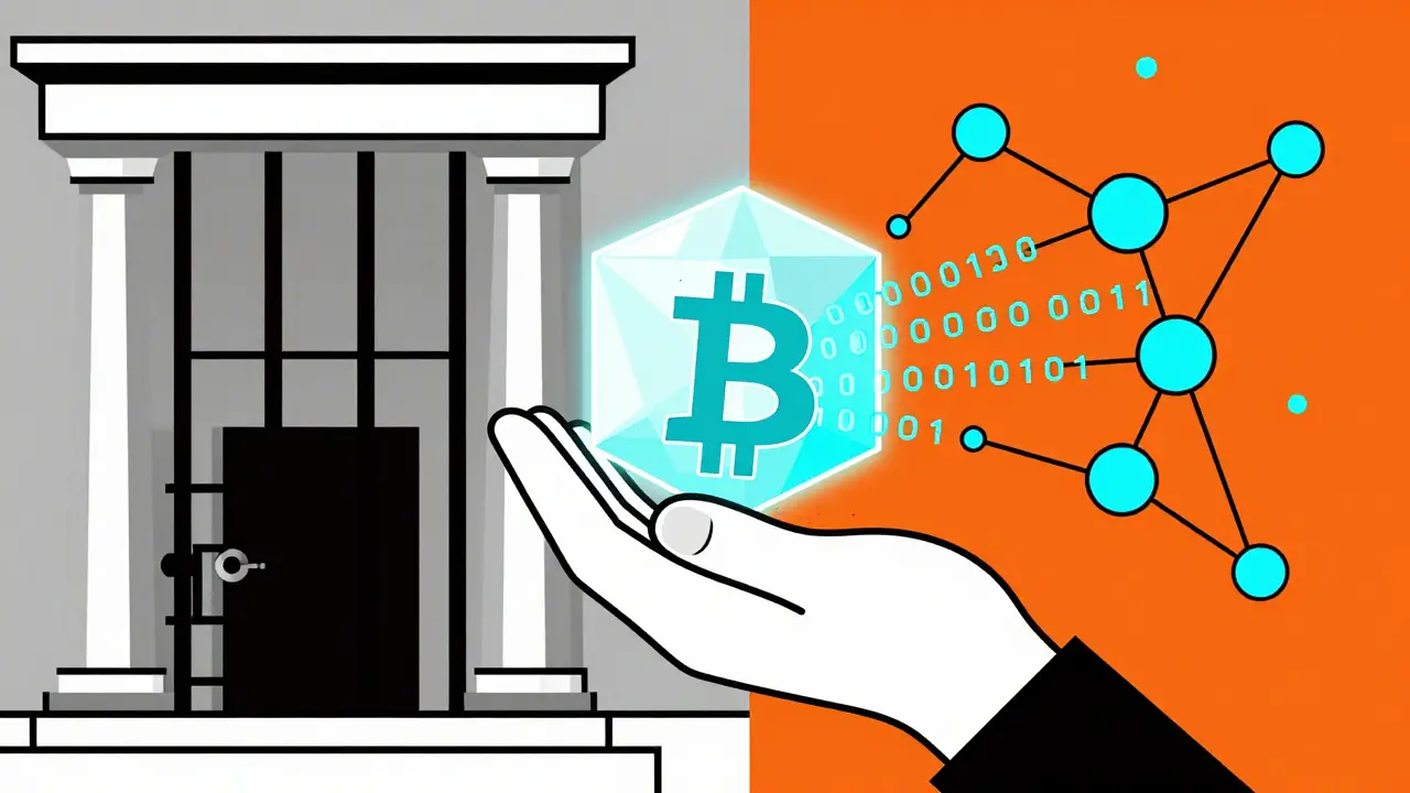 Style Bauhaus : main tenant un cube crypto entre banque traditionnelle et réseau numérique