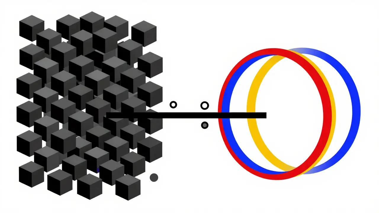 Style Bauhaus : pont abstrait reliant des blocs complexes à des formes simples lumineuses