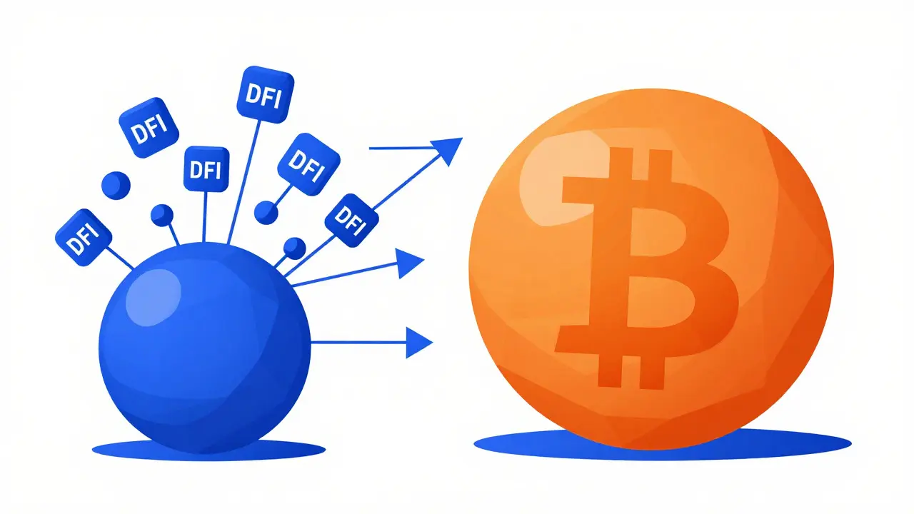 Style Bauhaus : sphère Bitcoin et blocs DFI pour l'airdrop historique