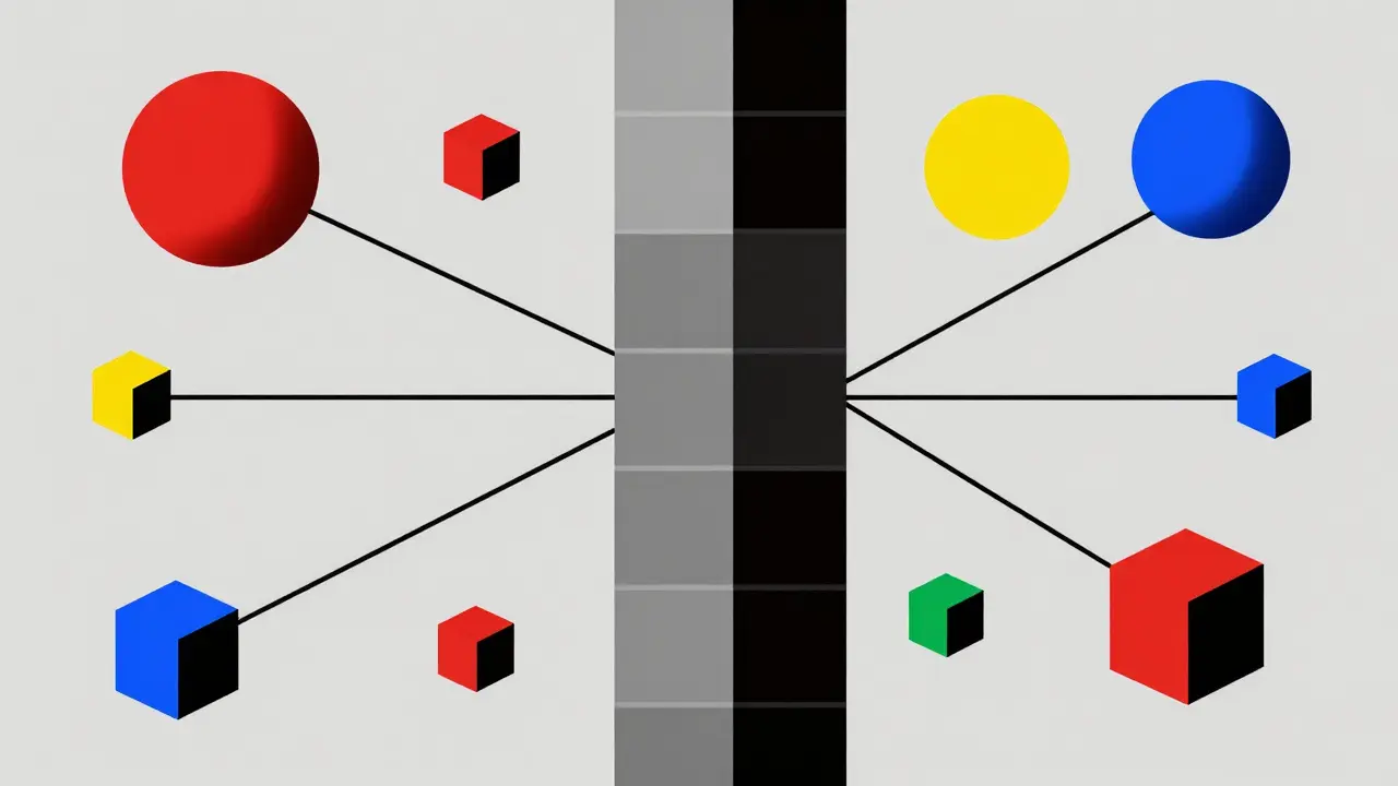 Style Bauhaus : tour de blocs abstraits entourée de nœuds colorés pour les masternodes