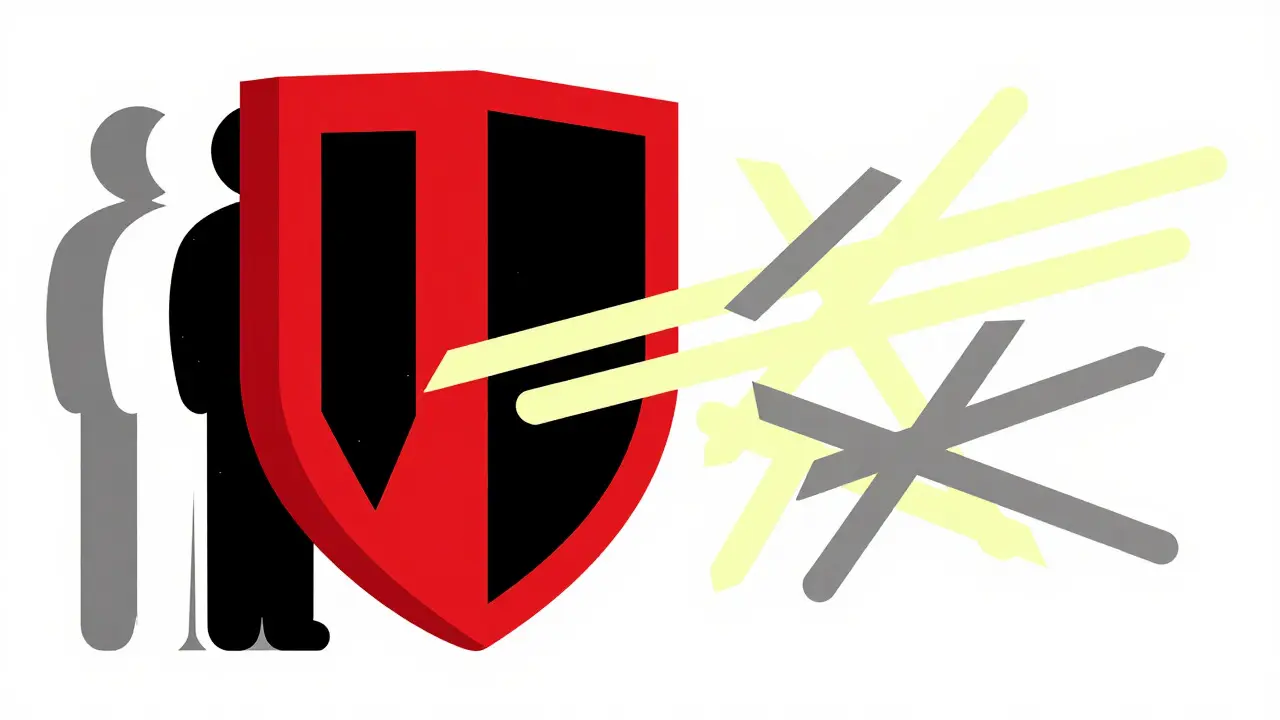 Symbole de bouclier géométrique rouge protégeant contre des lignes chaotiques représentant les régulations financières.