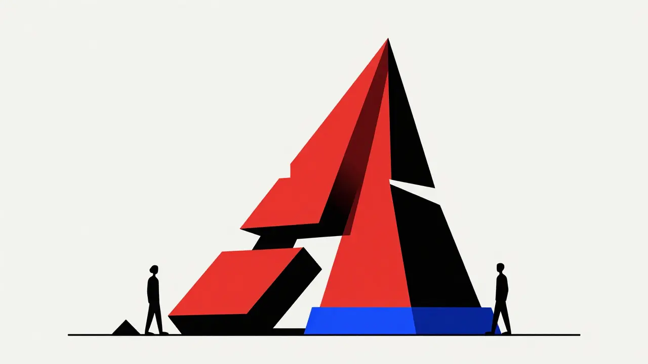 Tour géométrique instable en style Bauhaus illustrant les risques des cryptos micro-cap