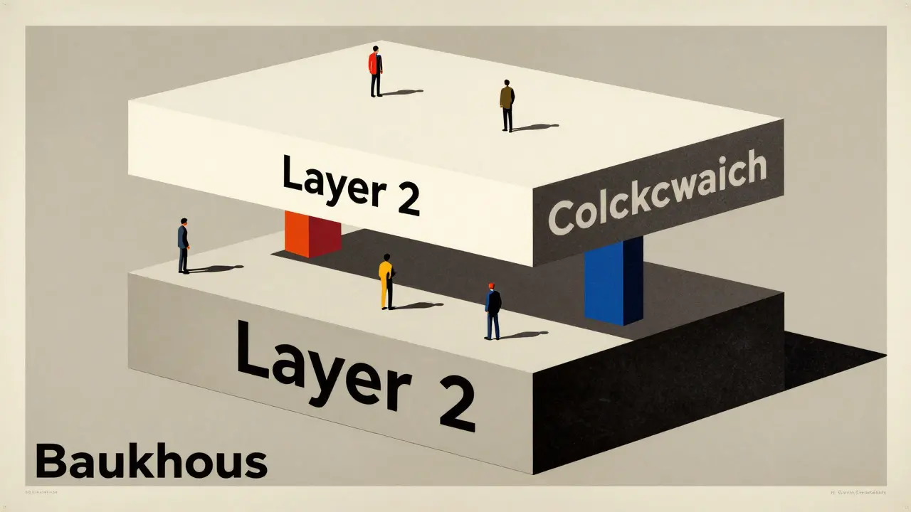 Abstraction géométrique Bauhaus représentant la technologie blockchain et les frais réduits