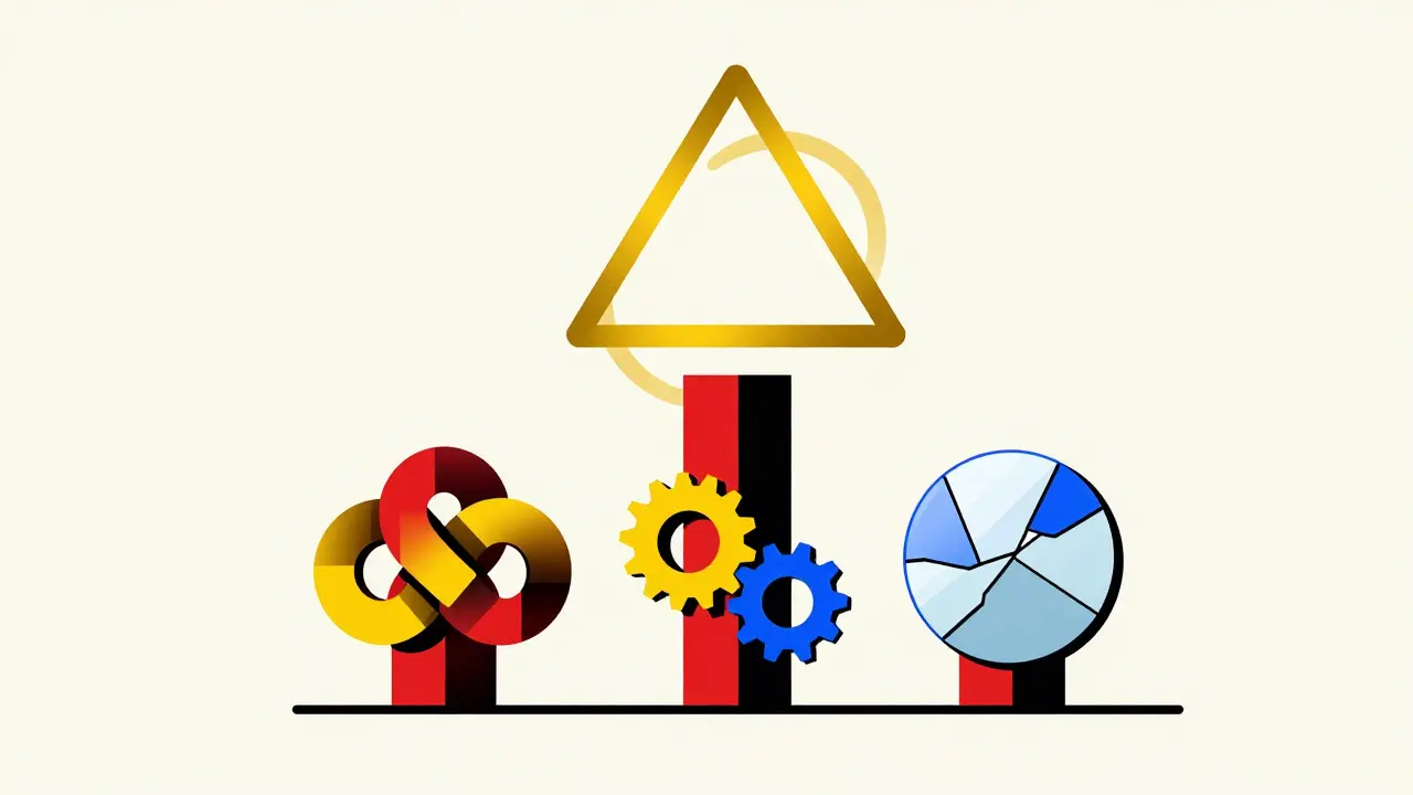 Art Bauhaus abstrait montrant les trois défis de l'automatisation Web3 harmonisés par un triangle doré.